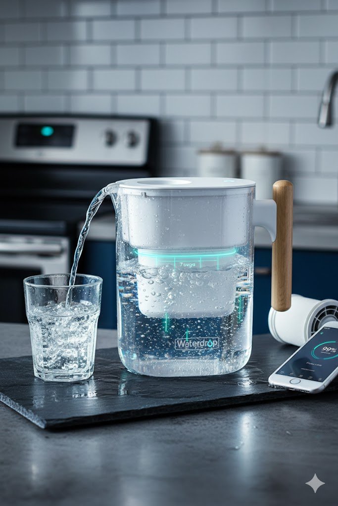 Waterdrop Chubby Pitcher with LED filter indicator glowing cyan and smartphone showing 99% filter life